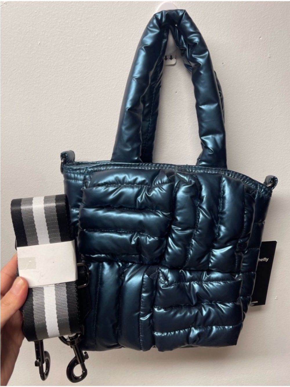 THINK ROYLN Lil' Shopper Peacock Metallic Blue Quilted Mini Bag Crossbody Strap